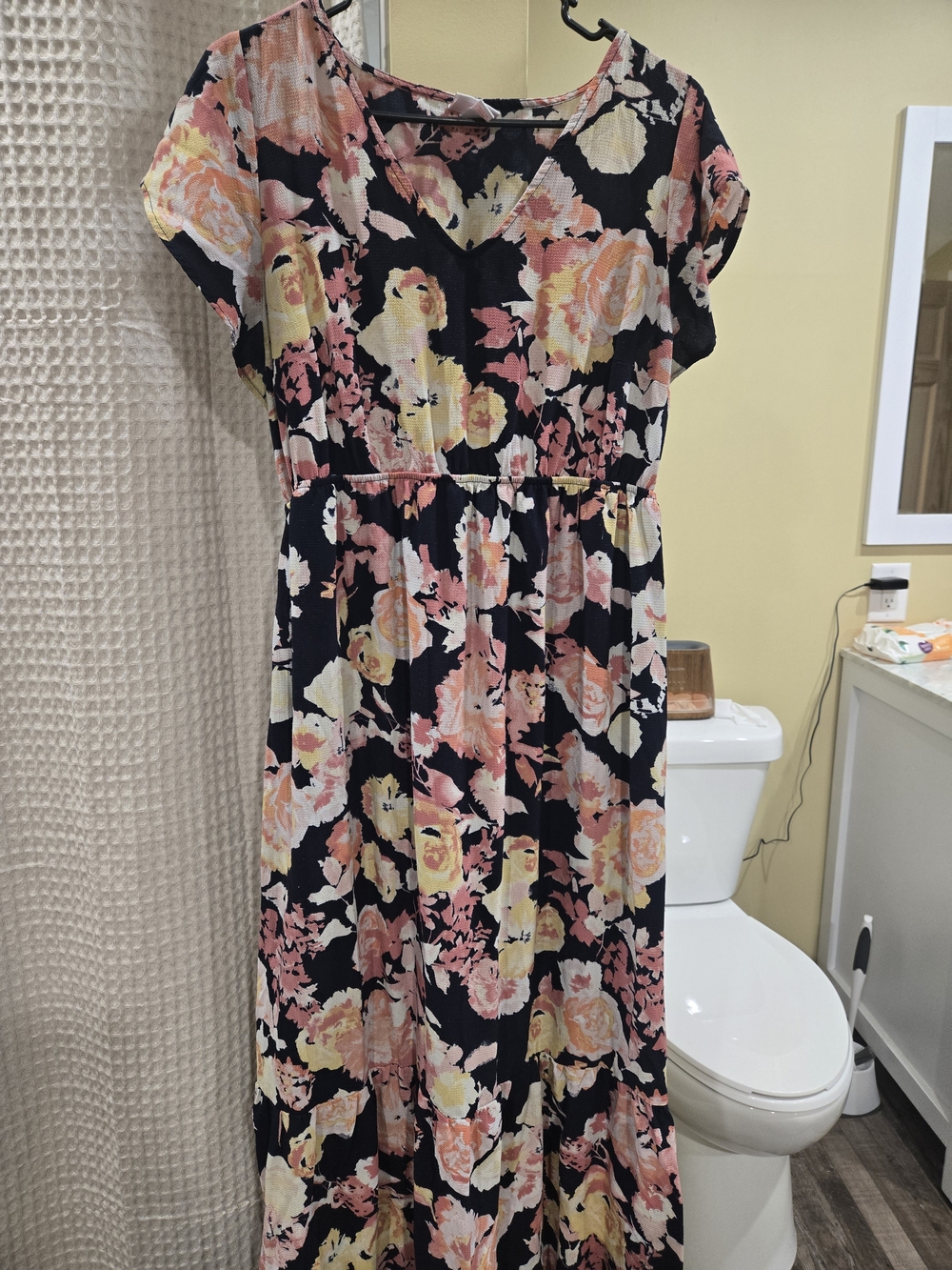 Women's Floral Maxi Dress in Black with Pink and Yellow Flowers
